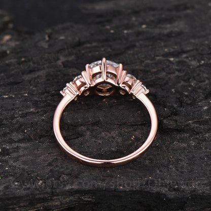 Round shaped moissanite engagement ring five stone ring vintage rose gold ring dainty jewelry promise ring for her unique bridal ring gift