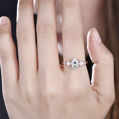 Vintage oval moissanite engagement ring five stone unique pear moissanite ring for women rose gold anniversary gift sterling silver ring
