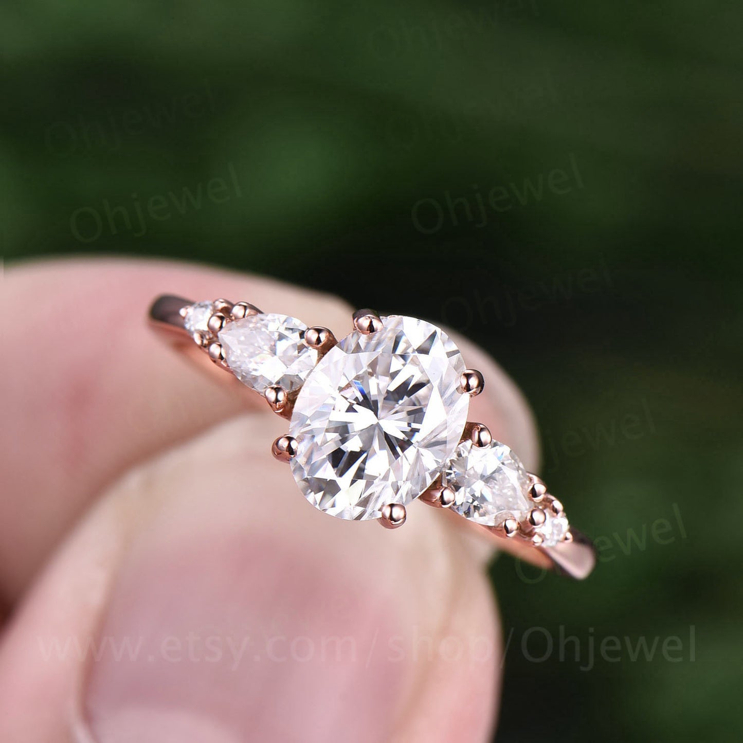 Vintage oval moissanite engagement ring five stone unique pear moissanite ring for women rose gold anniversary gift sterling silver ring