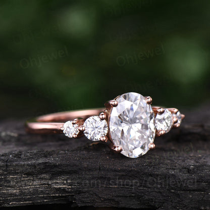 Oval cut moissanite engagement ring five stone ring vintage rose gold ring custom dainty jewelry promise ring for her unique wedding ring