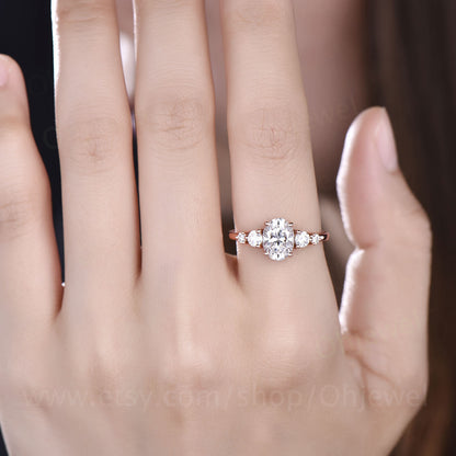 Oval cut moissanite engagement ring five stone ring vintage rose gold ring custom dainty jewelry promise ring for her unique wedding ring