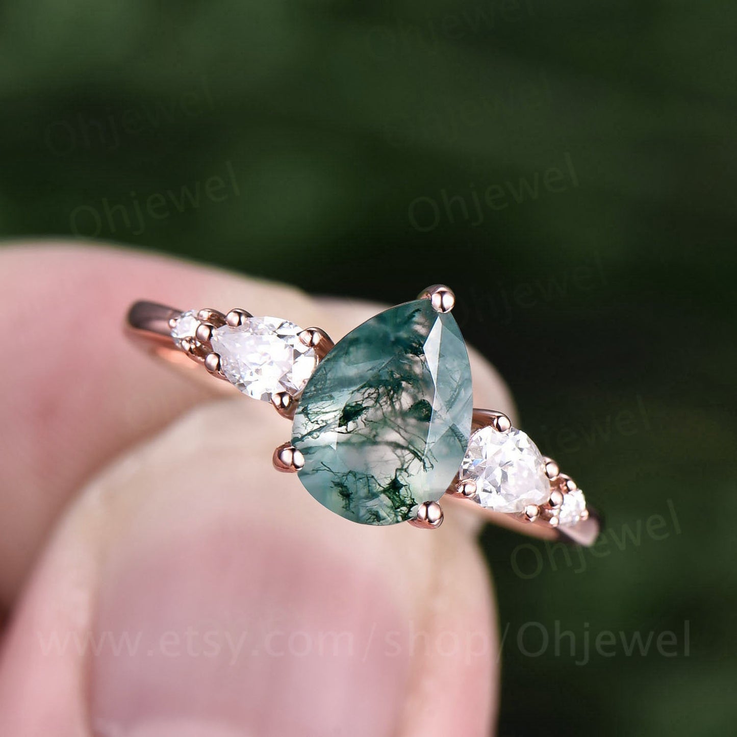 Pear shaped moss agate engagement ring vintage rose gold ring for women moissanite five stone ring brial ring green moss ring wedding gift