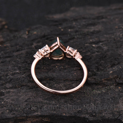 Pear shaped moss agate engagement ring vintage rose gold ring for women moissanite five stone ring brial ring green moss ring wedding gift