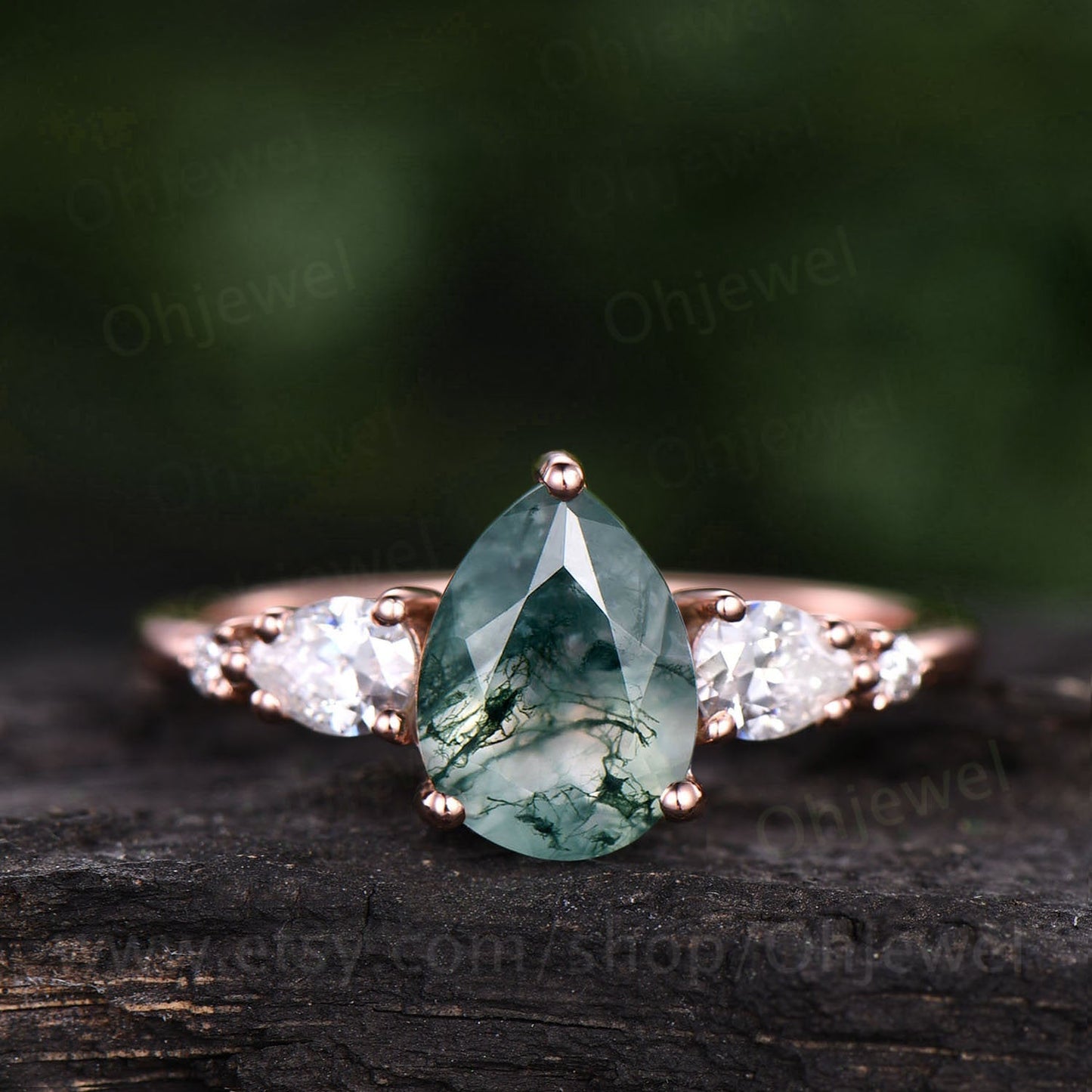 Pear shaped moss agate engagement ring vintage rose gold ring for women moissanite five stone ring brial ring green moss ring wedding gift