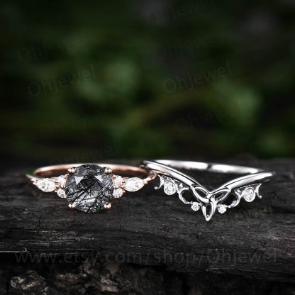 Round cut black rutilated quartz engagement ring set rose gold ring set women unique promise ring for her moissanite wedding ring set gift