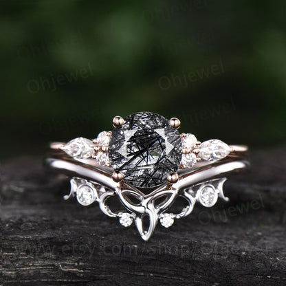 Vintage round black rutilated quartz engagement ring set 14k rose gold marquise moissanite wedding ring set for women Norse Viking Jewelry