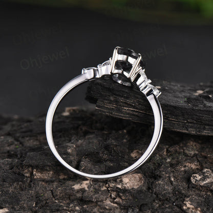 Oval cut black rutilated quartz engagement ring white gold ring art deco moissanite ring black stone ring marquise ring promise ring gift