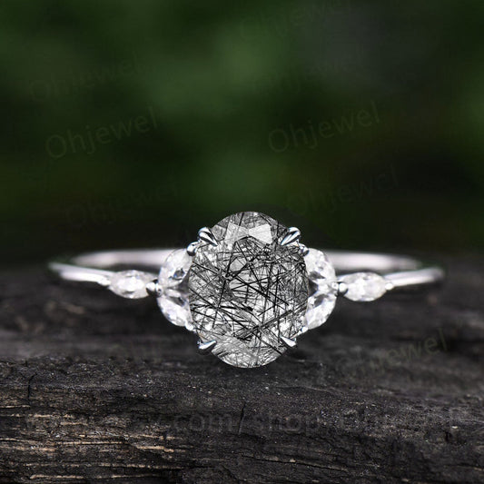 Oval cut black rutilated quartz engagement ring white gold ring art deco moissanite ring black stone ring marquise ring promise ring gift