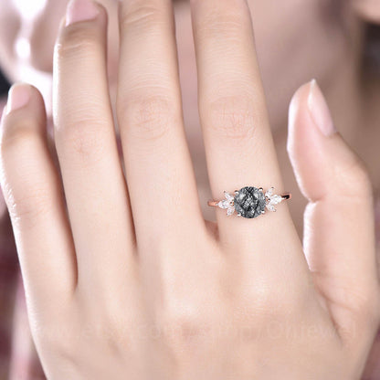 Vintage black rutilated quartz engagement ring art deco flower cluster moissanite engagement ring rose gold women black stone ring wedding