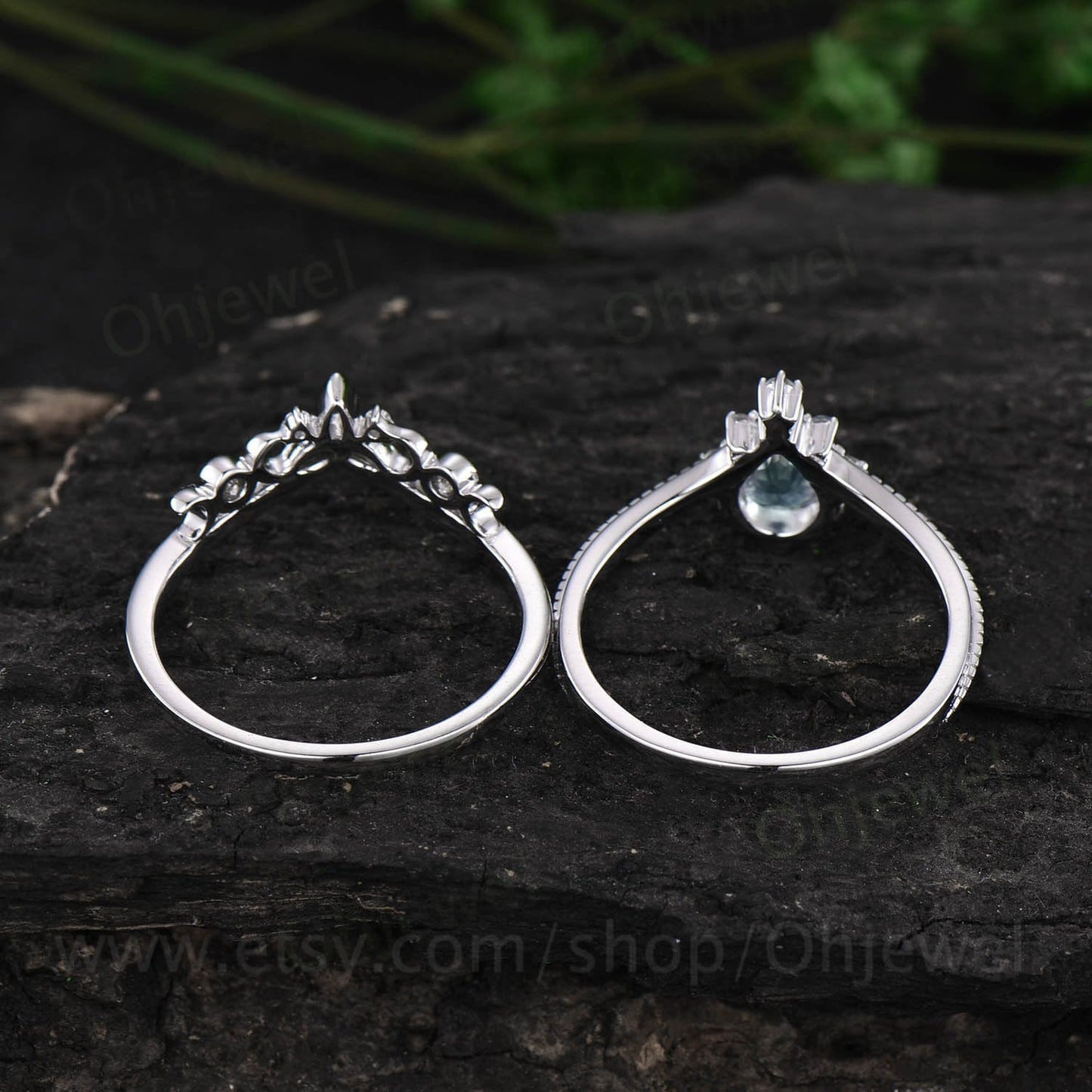 Pear shaped moss agate engagement ring set 14k white gold organic gemstone ring milgrain moissanite ring for women norse viking ring Jewelry