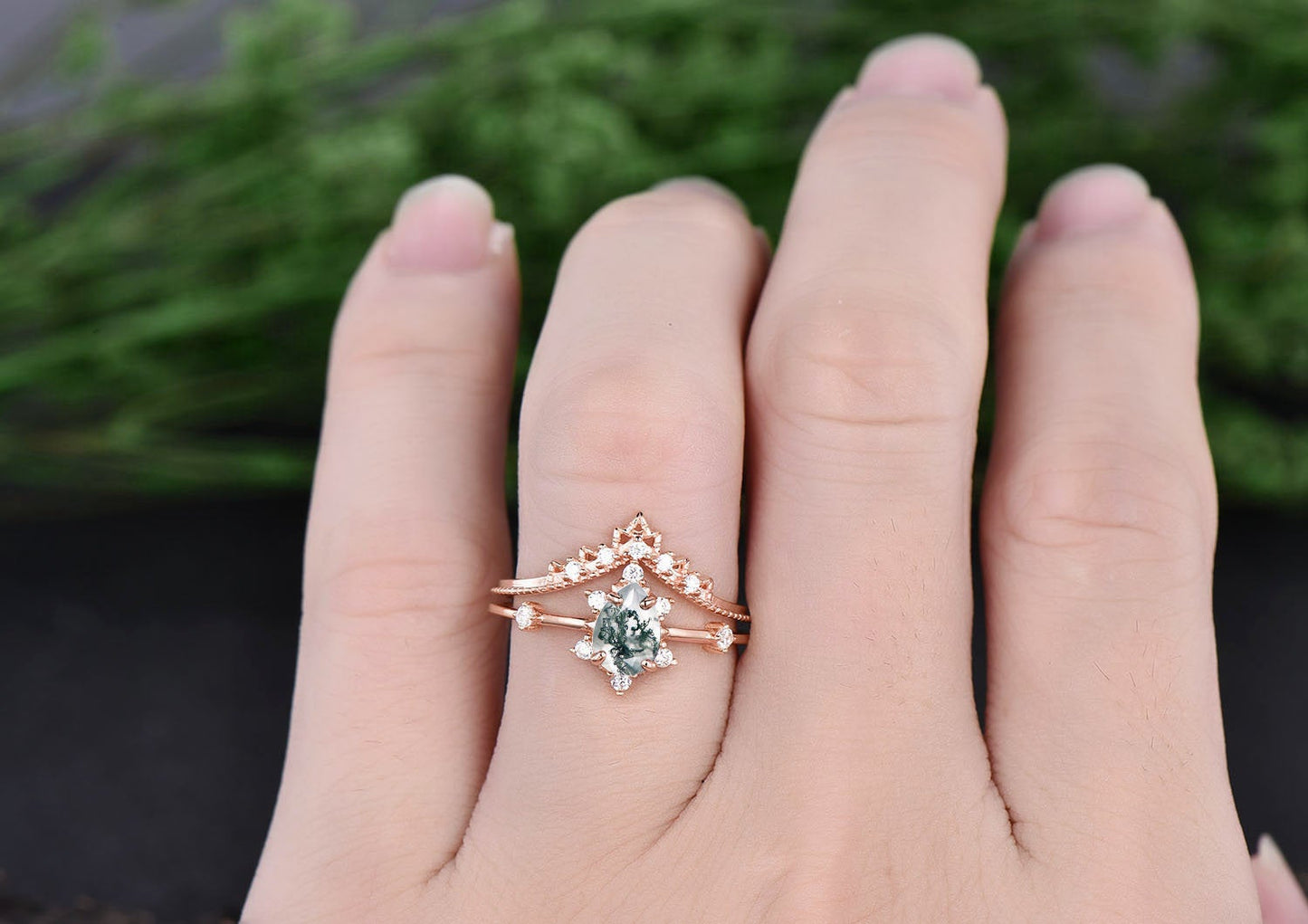 Unique anniversary ring set vintage moss agate engagement ring set Milgrain moissanite ring set pear bridal ring set organic gemstone ring