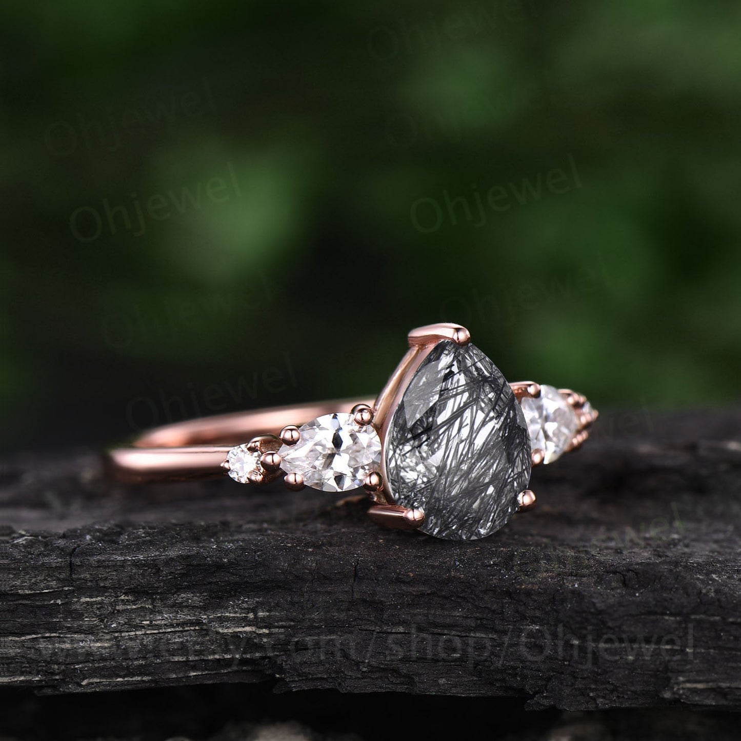 Vintage black rutilated quartz engagement ring five stone Pear shaped bridal ring unique moissanite ring rose gold wedding ring for women