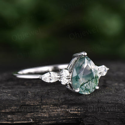 Pear moss agate ring vintage moss agate engagement ring 7 stone moissanite ring rose gold for women art deco dainty jewelry bridal ring gift