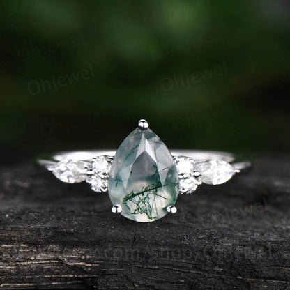 Pear moss agate ring vintage moss agate engagement ring 7 stone moissanite ring rose gold for women art deco dainty jewelry bridal ring gift