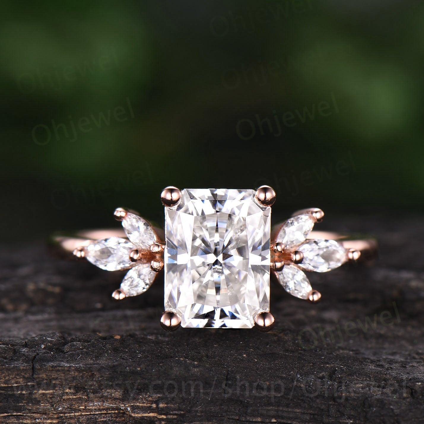Radiant cut moissanite engagement ring vintage rose gold ring cluster marquise moissanite ring unique anniversary ring dainty jewelry gift