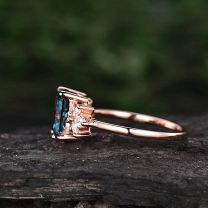 Emerald cut Alexandrite engagement ring 7 stone ring rose gold ring marquise ring unique moissanite ring for women color change stone ring