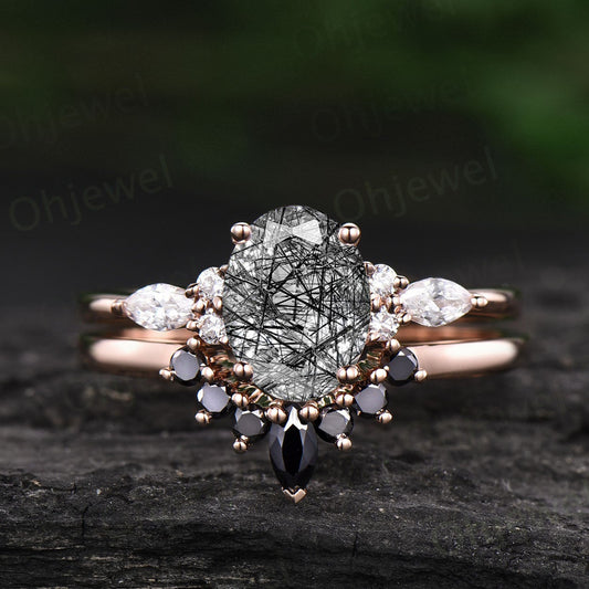 Oval cut black rutilated quartz engagement ring set rose gold ring set black diamond ring set marquise 7 stone ring wedding bridal set gift