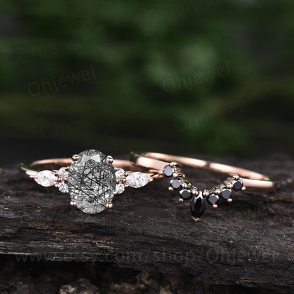 Oval cut black rutilated quartz engagement ring set rose gold ring set black diamond ring set marquise 7 stone ring wedding bridal set gift