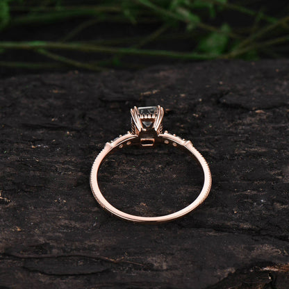 Emerald cut black rutilated quartz engagement ring five stone ring black stone ring rose solid gold ring diamond ring 14k custom jewelry