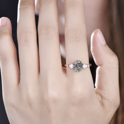 Vintage black rutilated quartz engagement ring for women rose gold moissanite ring oval cut bridal ring custom jewelry unique wedding ring