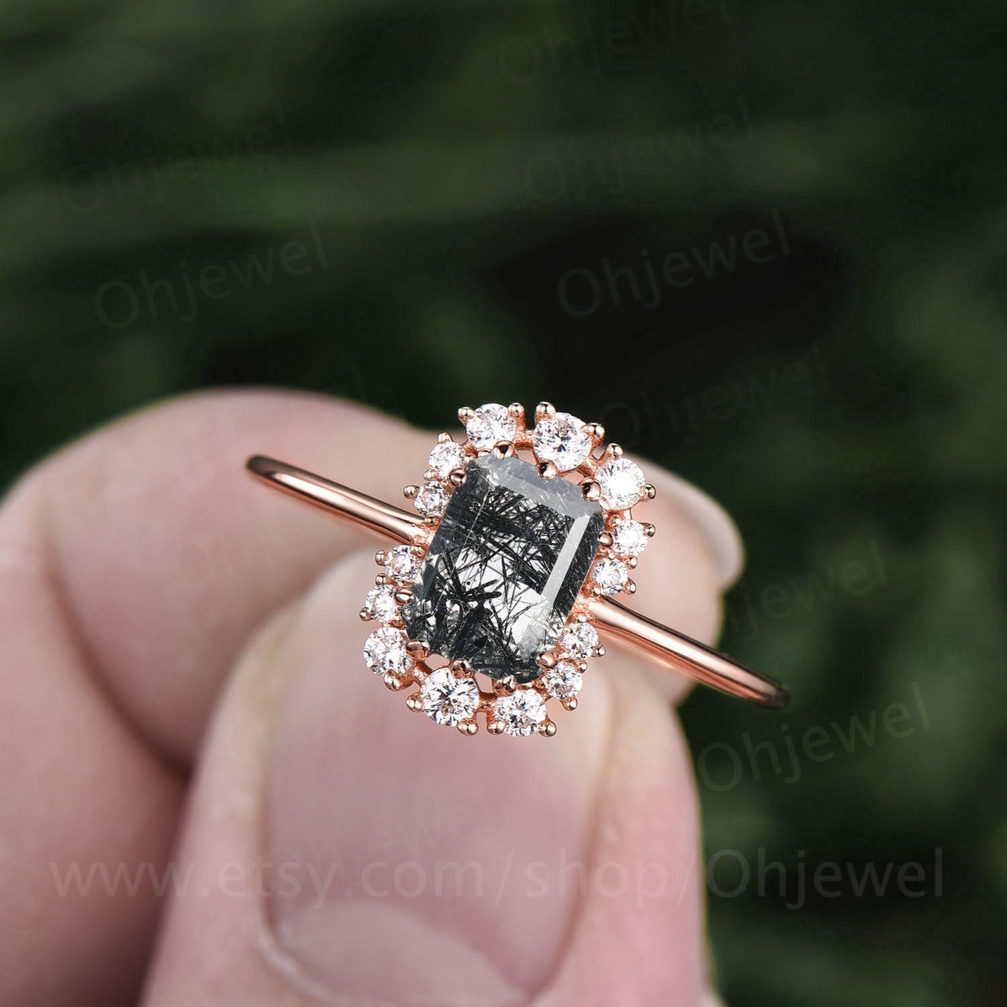 Emerald cut black quartz rutilated engagement ring cluster halo unique moissanite engagement ring vintage rose gold ring for women gift