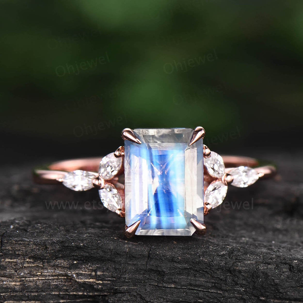Vintage moonstone engagement ring for women unique rose gold wedding ring emerald cut bridal ring marquise moissanite ring gold jewelry gift