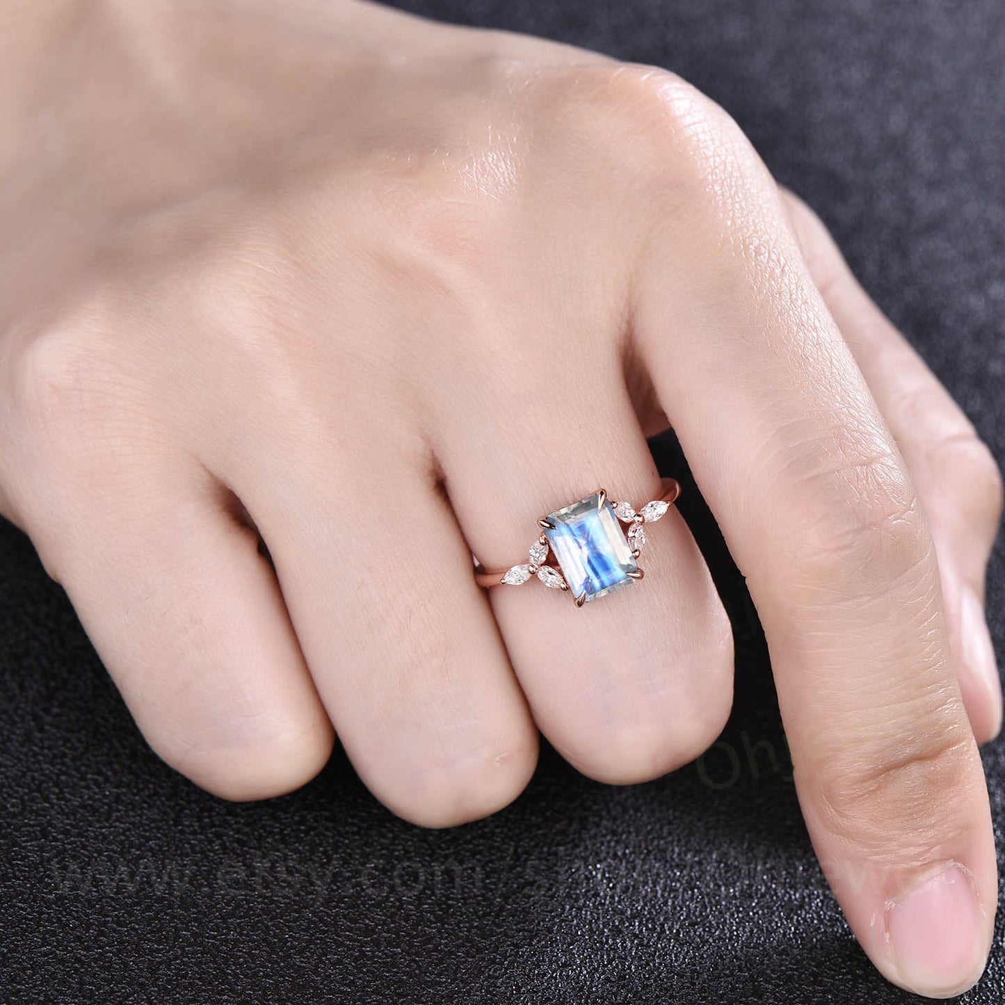 Vintage moonstone engagement ring for women unique rose gold wedding ring emerald cut bridal ring marquise moissanite ring gold jewelry gift