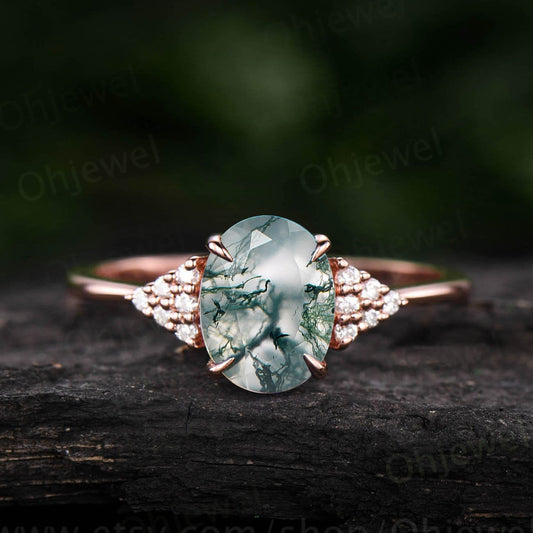 Oval moss agate ring unique vintage moss agate engagement ring dainty diamond ring rose gold ring for women promise wedding anniversary ring
