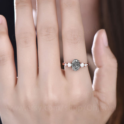 Oval cut black rutilated quartz engagement ring rose gold five sotne moissanite vintage Art deco Dainty unique Anniversary promise ring gift