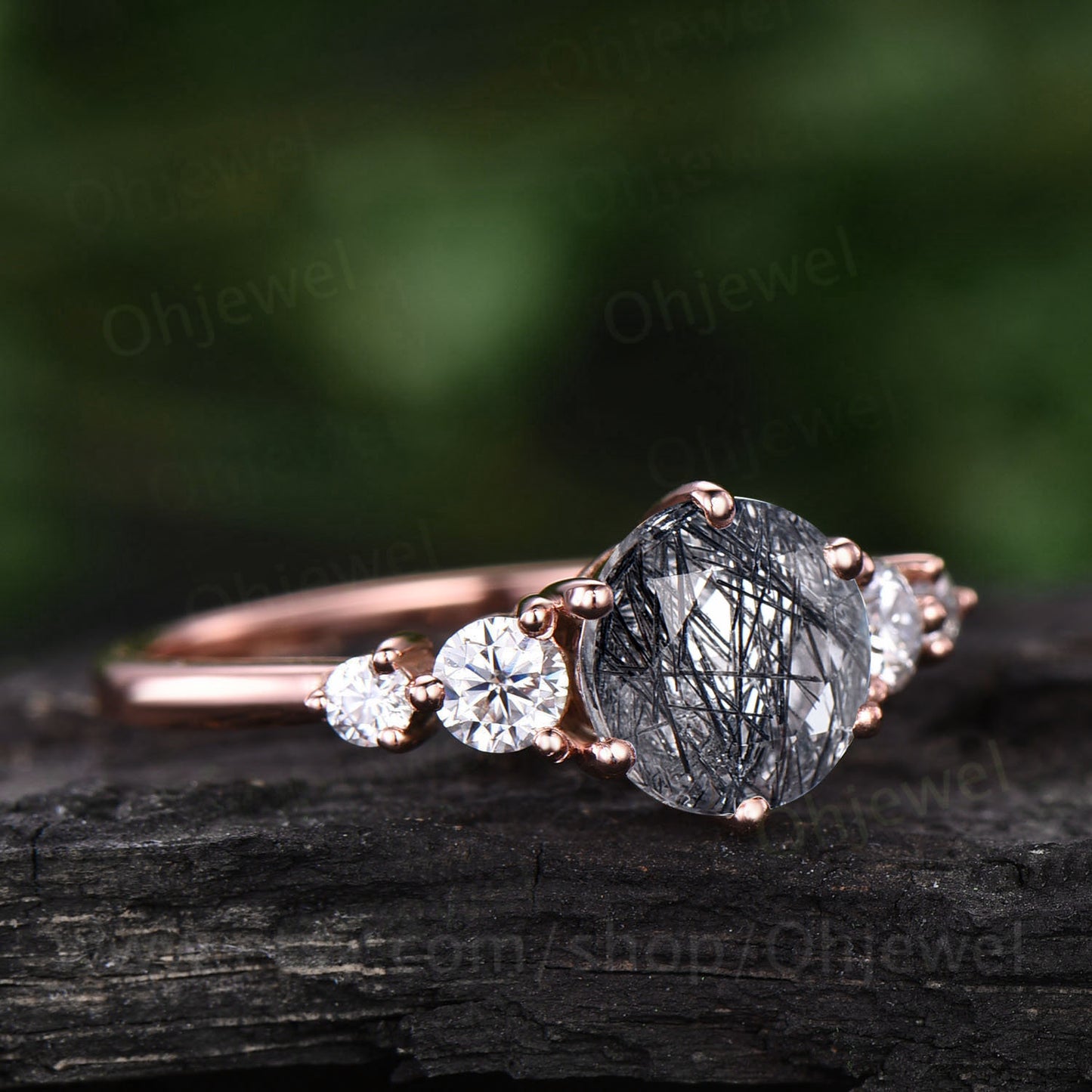 Round cut black rutilated quartz engagement ring rose gold silver vintage moissanite ring art deco dainty Anniversary promise ring set gift