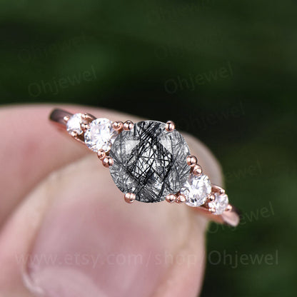 Round cut black rutilated quartz engagement ring rose gold silver vintage moissanite ring art deco dainty Anniversary promise ring set gift
