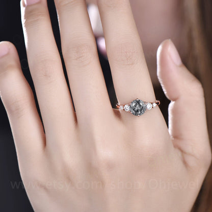 Round cut black rutilated quartz engagement ring rose gold silver vintage moissanite ring art deco dainty Anniversary promise ring set gift