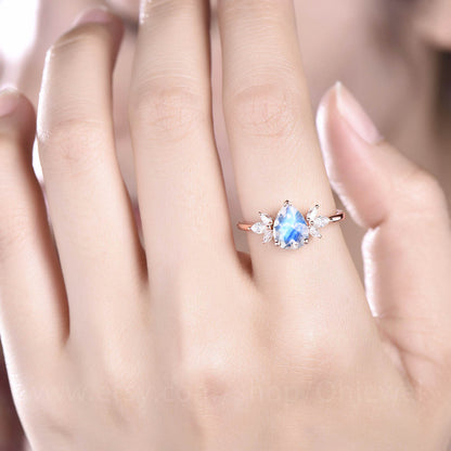 Art deco marquise engagement ring vintage moonstone engagement ring rose gold pear shaped wedding ring moissanite ring June birthstone ring
