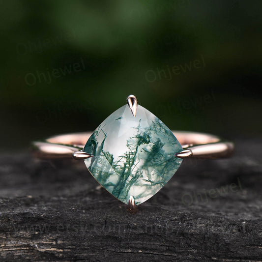 Cushion cut moss agate engagement ring vintage solitaire rose gold ring for women green organic moss ring custom jewelry anniversary gift
