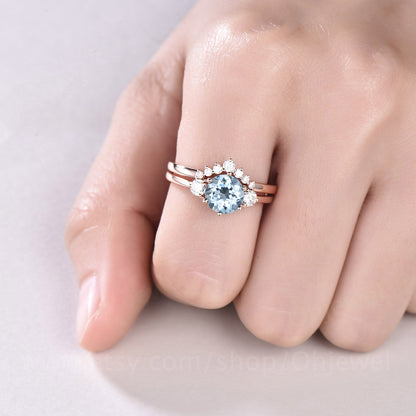 Three stone ring vintage aquamarine engagement ring set rose gold ring set women custom jewelry March birthstone ring moissanite ring set