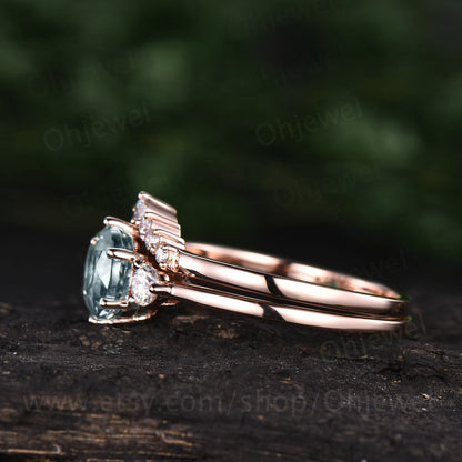 Three stone ring vintage aquamarine engagement ring set rose gold ring set women custom jewelry March birthstone ring moissanite ring set