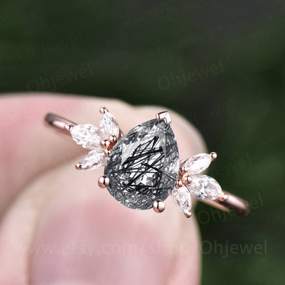 Pear shaped black rutilated quartz engagement ring vintage 7 stone rose gold ring art deco moissanite ring unique bridal ring for women gift