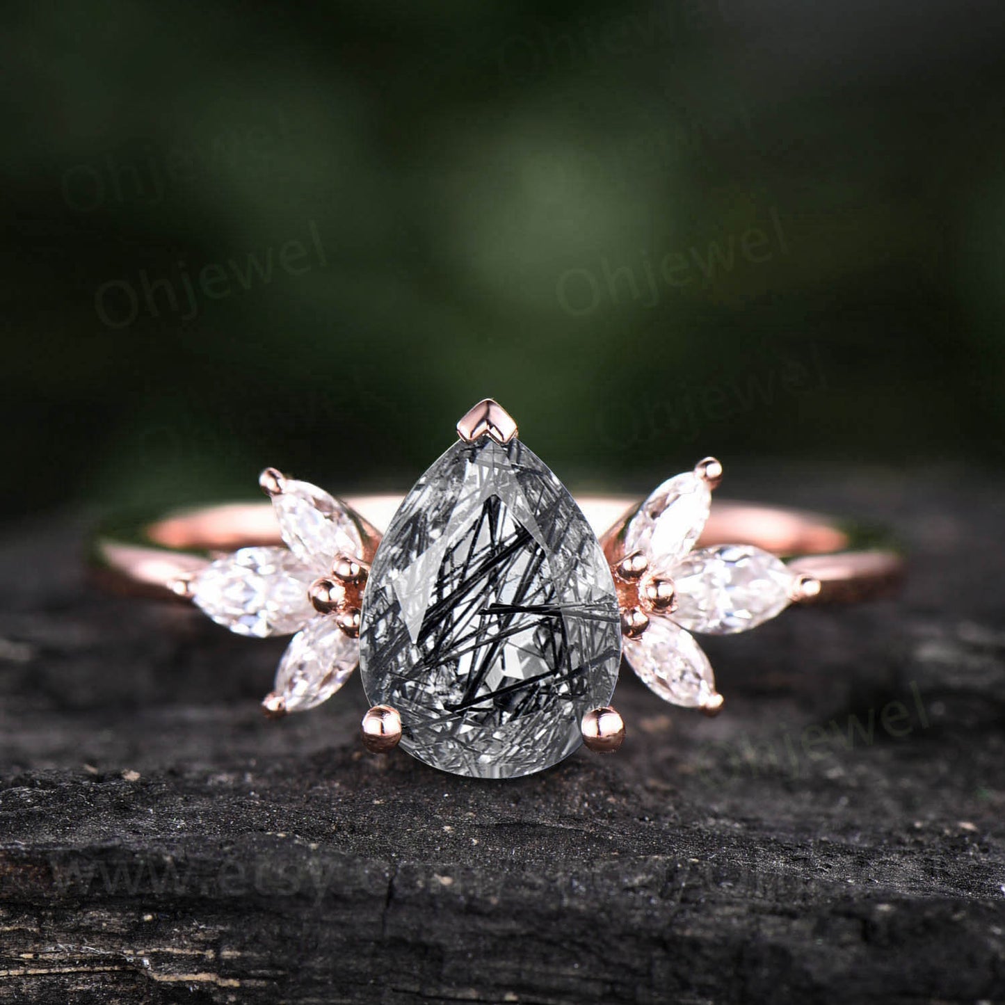 Pear shaped black rutilated quartz engagement ring vintage 7 stone rose gold ring art deco moissanite ring unique bridal ring for women gift