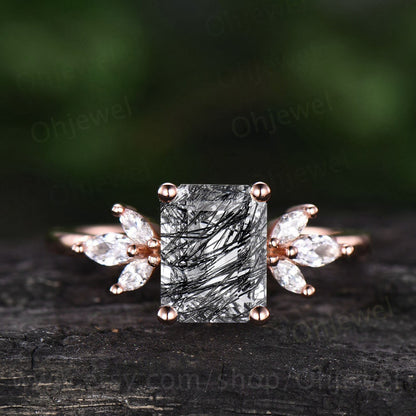 Emerald cut black quartz rutilated engagement ring vintage unique rose gold engagement ring 7 stone moissanite ring for women wedding ring