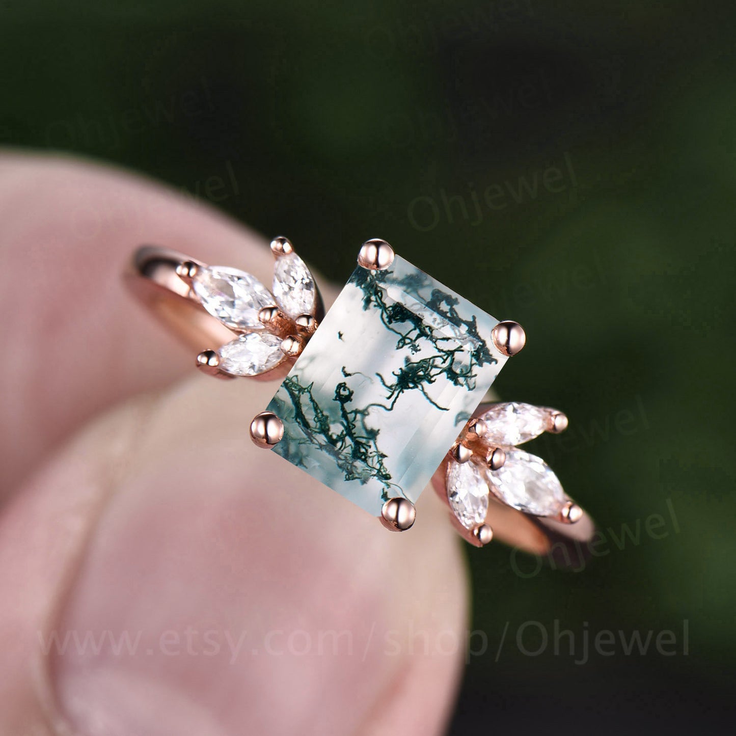 Emerald cut moss agate engagement ring vintage cluster moss agate ring rose gold 7 stone ring marquise moissanite ring unique bridal ring