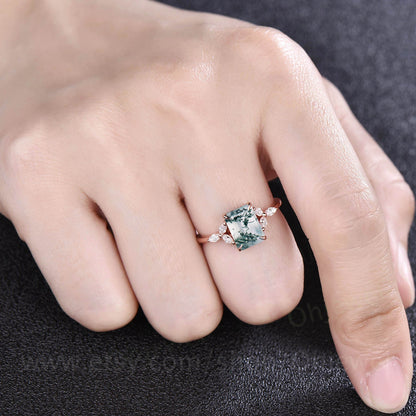 Moss agate ring vintage emerald cut moss agate engagement ring art deco flower 7 stone marquise moissanite ring rose gold silver for women