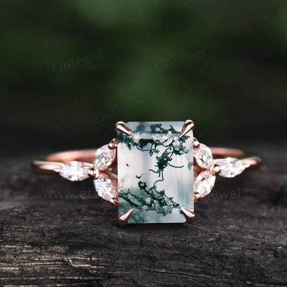 Moss agate ring vintage emerald cut moss agate engagement ring art deco flower 7 stone marquise moissanite ring rose gold silver for women