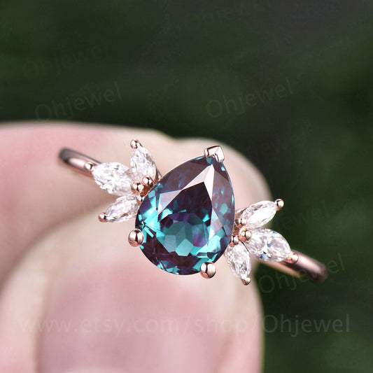 Vintage Alexandrite engagement ring pear shaped color change Alexandrite ring for women rose gold ring marquise moissanite ring jewelry gift