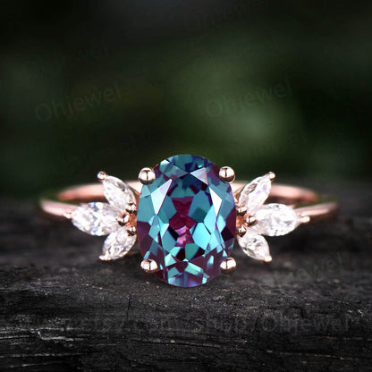 Oval cut Alexandrite ring rose gold vintage Alexandrite engagement ring for women June birthstone jewelry art deco moissanite bridal ring