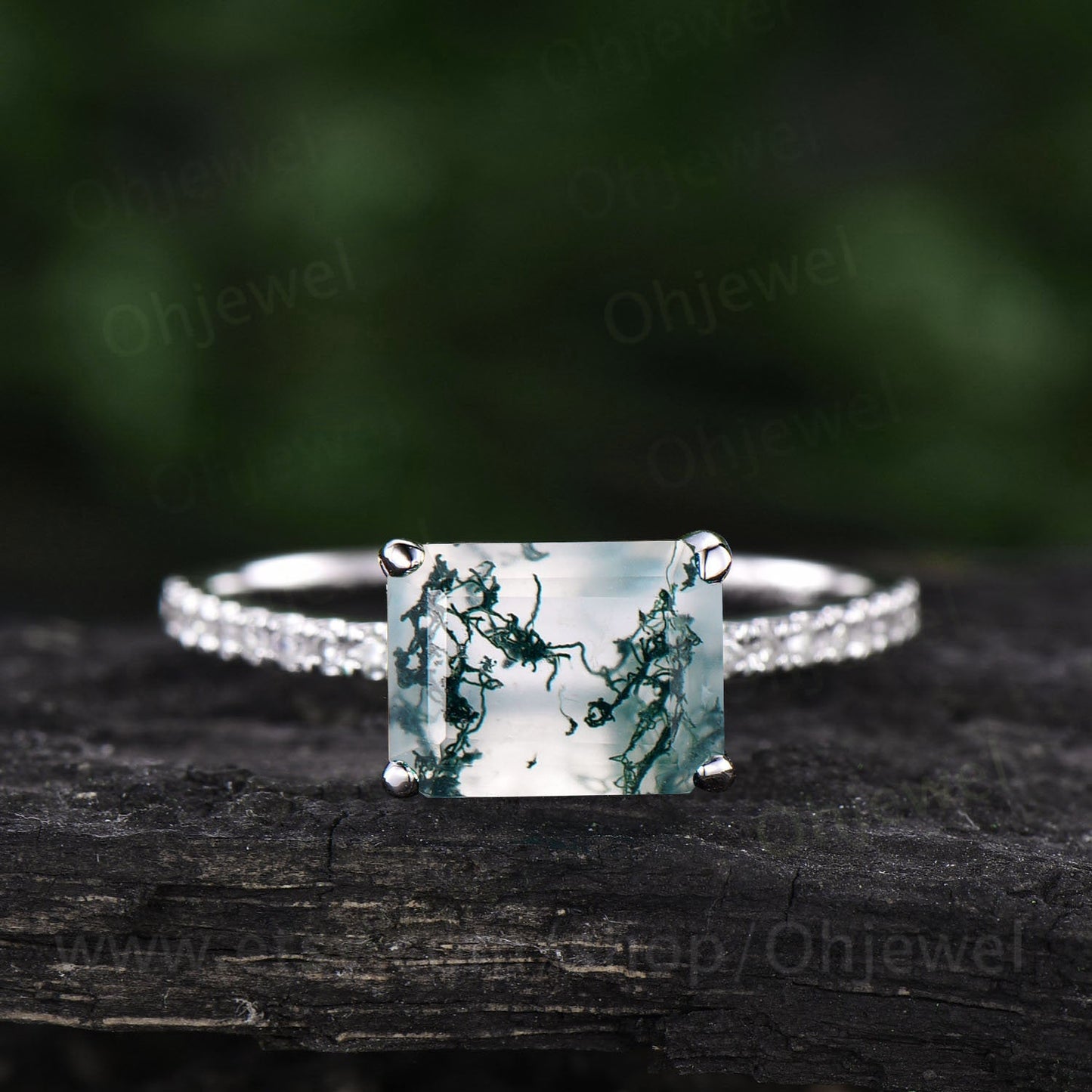 Emerald cut moss agate engagement ring vintage white gold half eternity diamond ring for women green moss ring dainty unique wedding ring