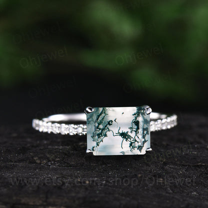 Emerald cut moss agate engagement ring vintage white gold half eternity diamond ring for women green moss ring dainty unique wedding ring