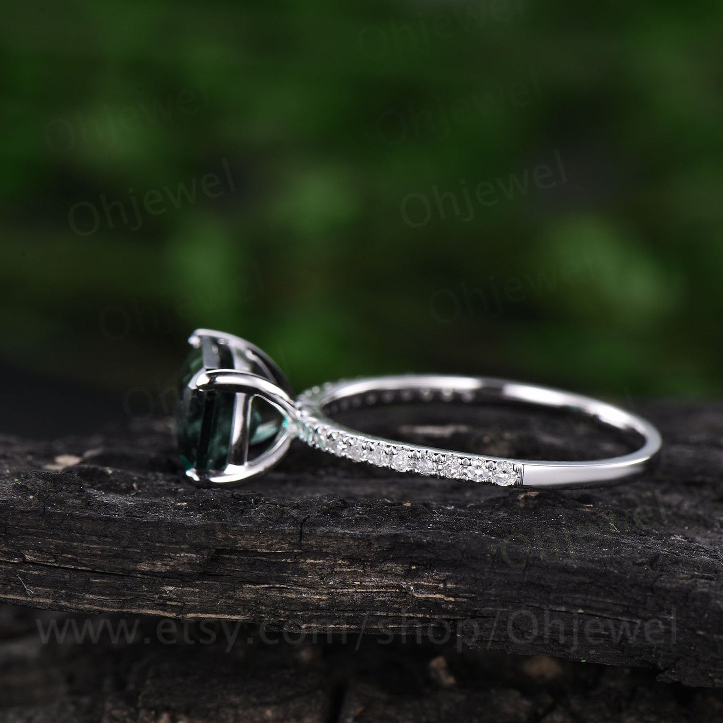 Emerald cut moss agate engagement ring vintage white gold half eternity diamond ring for women green moss ring dainty unique wedding ring