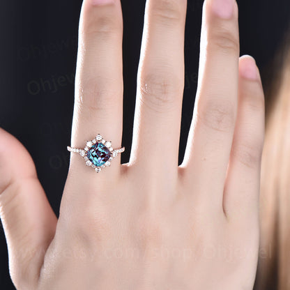 Cushion cut alexandrite engagement ring vintage rose gold ring women June birthstone ring eternity moissanite ring custom ring silver gift