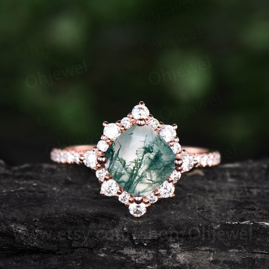 Cushion cut moss agate ring for women vintage moss agate engagement ring rose gold unique half eternity moissanite ring wedding bridal ring