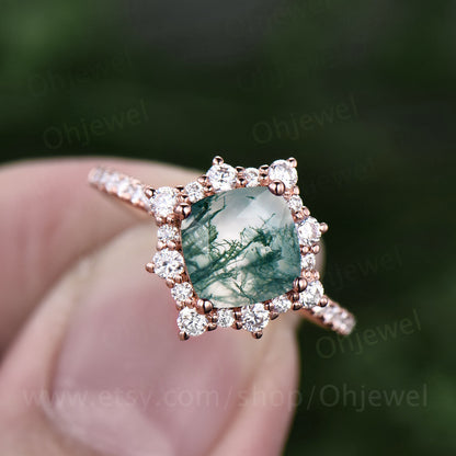 Cushion cut moss agate ring for women vintage moss agate engagement ring rose gold unique half eternity moissanite ring wedding bridal ring